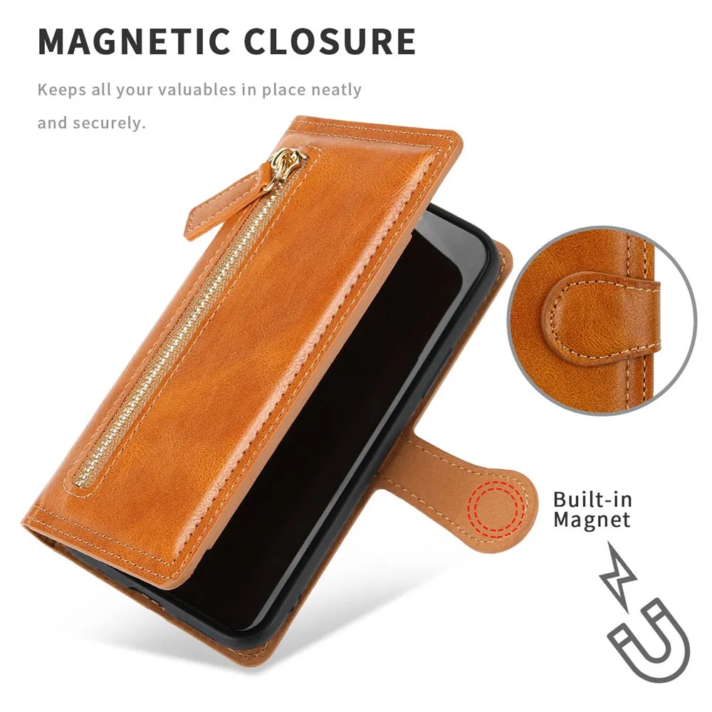 Zipper Wallet Flip Case For iPhone X to 14 Series With Wireless Charging Support