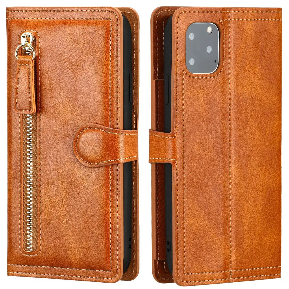 Zipper Wallet Flip Case For iPhone X to 14 Series With Wireless Charging Support