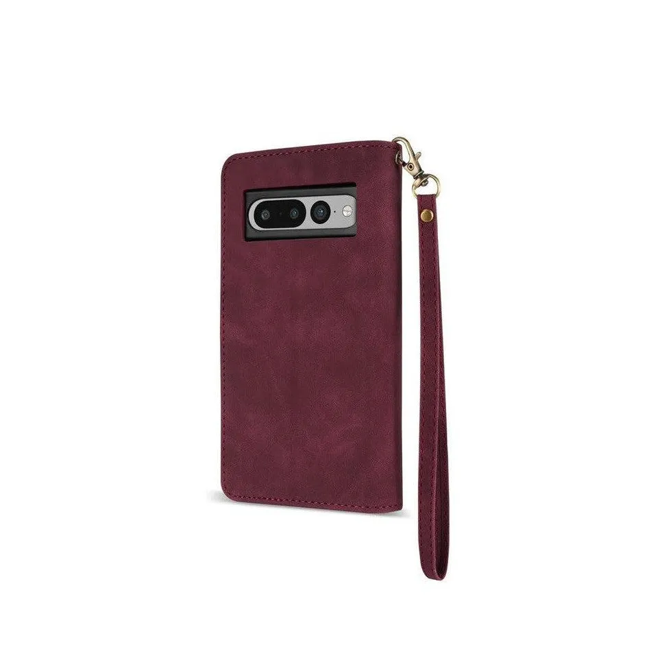 Zipper Wallet Mobile Phone Case for Google Pixel 6 with Strap - Brown